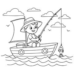 Charming young boy silhouette fishing from sailboat, catching a fish in the sea for a fun summer activity