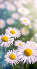 Obraz premium Close up of white daisies with yellow centers in a sunny meadow