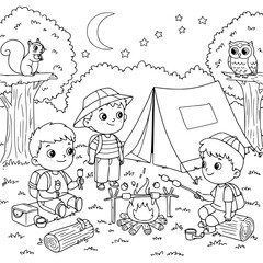 Fototapeta premium Camping adventure silhouette with friends roasting marshmallows under the moon and stars