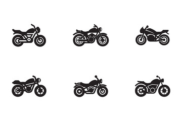 Collection of Six Different Motorcycle Silhouette Icons on White Background Perfect for Design and Branding Projects High Quality Vector Graphics