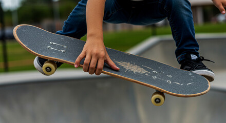 A close-up shot of a skateboarder grabbing their board in mid-air, with focus on the worn grip tape and the movement of the legs