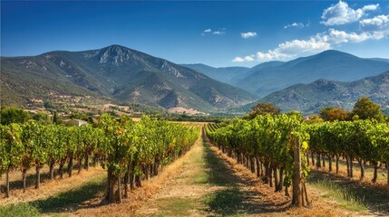 Fototapeta premium Scenic Vineyard Landscape with Lush Grapevines and Majestic Mountain Backdrop Under Bright Blue Sky
