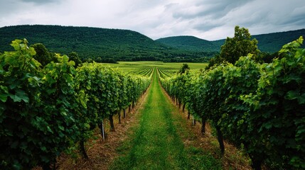 Naklejka premium Lush Vineyard Landscape with Green Rows of Grapevines under Cloudy Sky and Rolling Hills in Background
