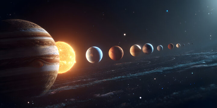 Celestial Symphony: A captivating digital rendering unveils the grandeur of the solar system.  Planets dance in an orderly alignment around a luminous sun, a cosmic display of science and art. 