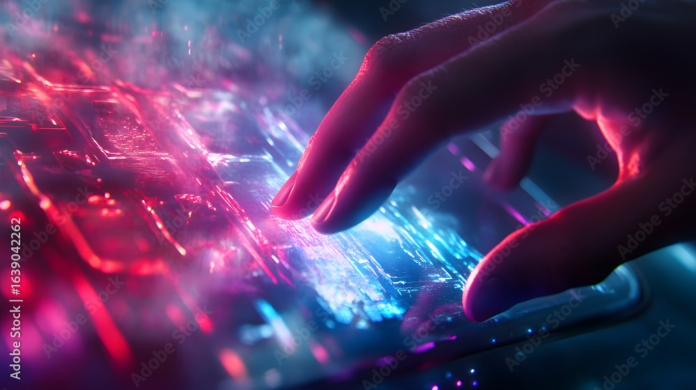 Poster digital touch of the future: a close-up, low-angle view showcases a hand gracefully interacting with