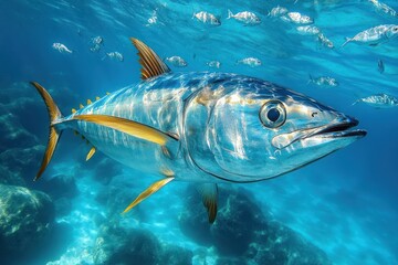 Naklejka premium Close-up of a large tuna fish swimming underwater with smaller fish in the clear blue ocean, showcasing vibrant fins and reflective scales