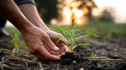 Fototapeta premium Small plant in the ground - Hands of an elderly male farmer planting a young tree with sunlight and glare effects