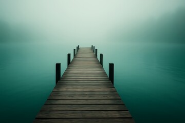 Obraz premium Wooden Pier Extending into Misty Teal Lake