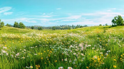 Fototapeta premium Scenic Meadow with Vibrant Wildflowers Under Clear Blue Sky in Peaceful Rural Landscape