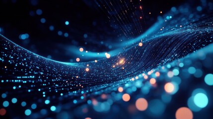 Abstract wave pattern formed by flowing lines and glowing dots in blue and orange colors creating a futuristic and dynamic visual effect