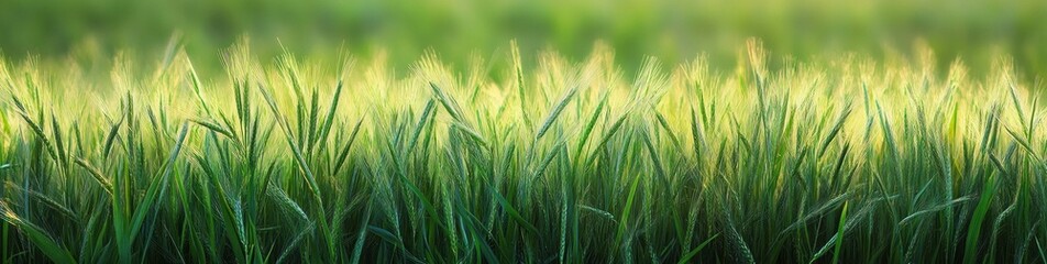 Close-up of green wheat stalks in a field with soft natural light and blurred green background creating a peaceful and fresh atmosphere