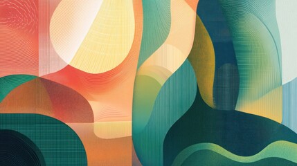 Abstract art with warm and cool colors, featuring overlapping organic shapes and textured lines.