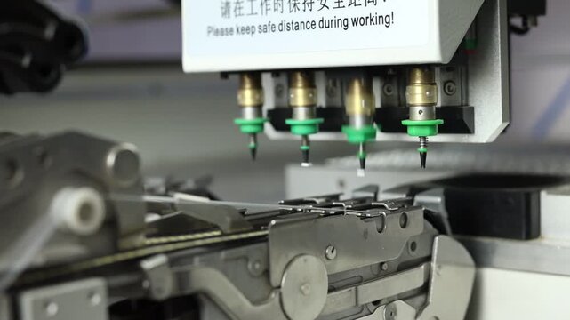 Close up shot of a robot machine making chips of led lights
