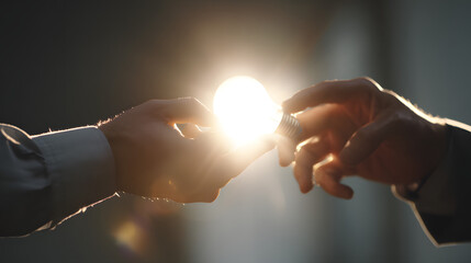 Light Bulb Exchange: Symbolic of innovation and collaboration, two hands reach out to share a glowing light bulb, representing a synergy of ideas and the birth of new possibilities.