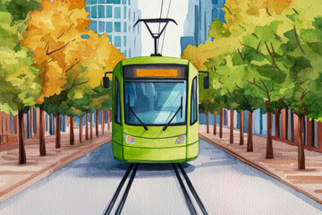 Sustainable mobility, electric public transport running on renewable energy, watercolor style