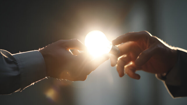 Light Bulb Exchange: Symbolic of innovation and collaboration, two hands reach out to share a glowing light bulb, representing a synergy of ideas and the birth of new possibilities.