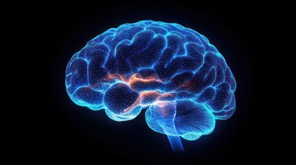 Glowing digital representation of a human brain with highlighted neural pathways and intricate network patterns on a dark background