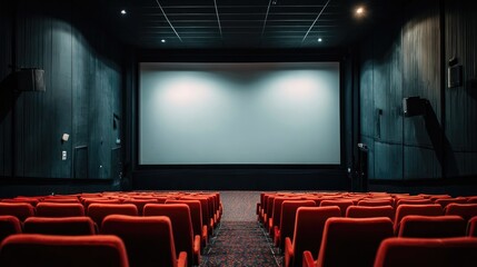 Fototapeta premium Empty Movie Theater Interior with Red Seats and Blank Projection Screen Awaiting Audience Experience