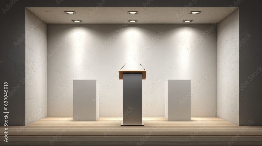 Poster Modern and Elegant Presentation Stage with Podium and Two Empty Stands for Events and Speeches in Professional Environment