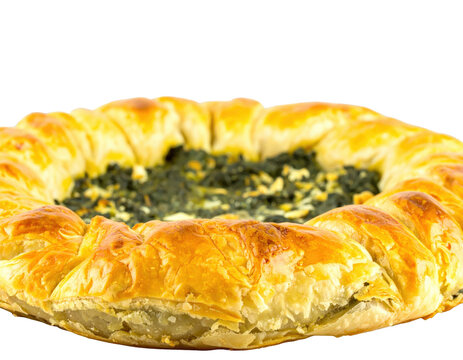 Savory round spinach and feta cheese pie with a flaky golden puff pastry crust.