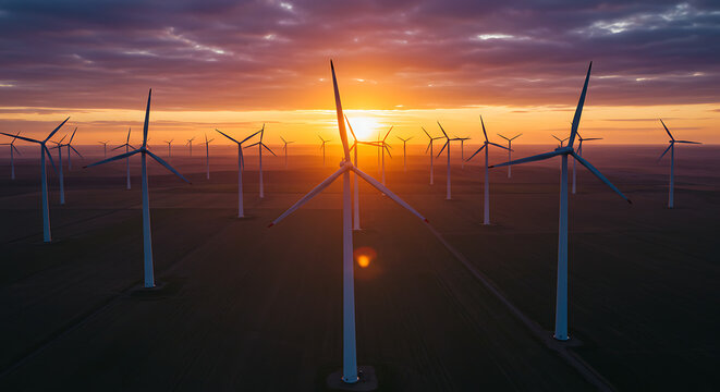 A Sunset View Of A Wind Farm With A Few Windmills