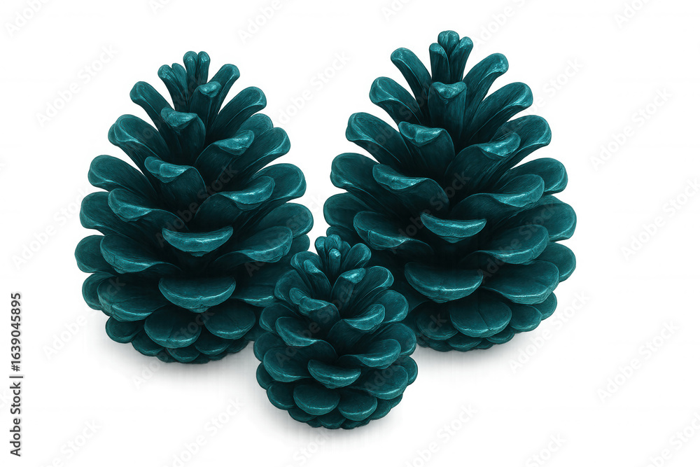 Poster three turquoise pine cones on a transparent background creating a unique and artistic composition