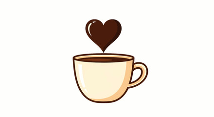 A cute cartoon coffee cup with a brown heart symbol, representing a deep love for warm beverages like coffee or hot chocolate.