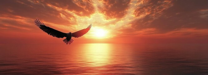 A large bird flying over calm ocean waters towards a vibrant orange and yellow sunset with dramatic clouds