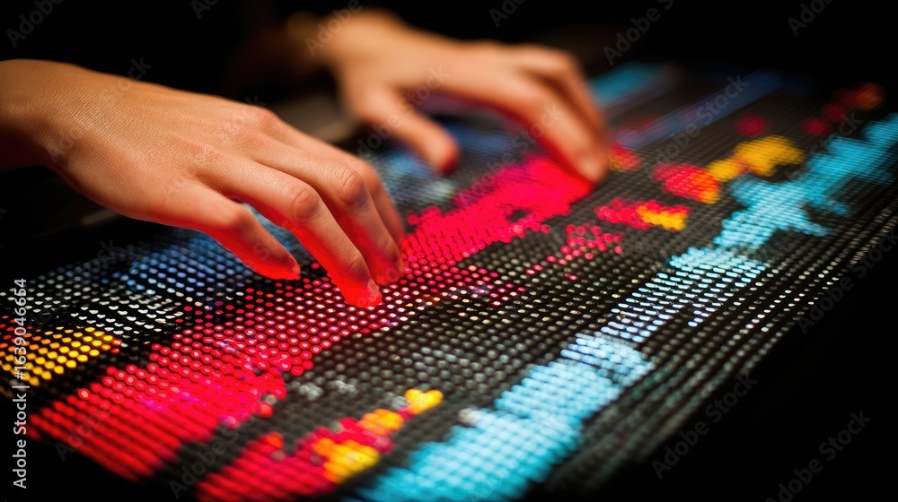 Poster close-up of hands interacting with colorful digital display in a creative environment