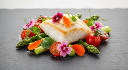Gourmet Dish: Pan-Seared Fish with Vegetables and Edible Flowers