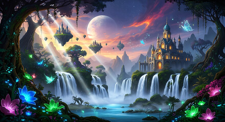 Obraz premium Enchanting fantasy landscape with floating islands waterfalls and a magical castle