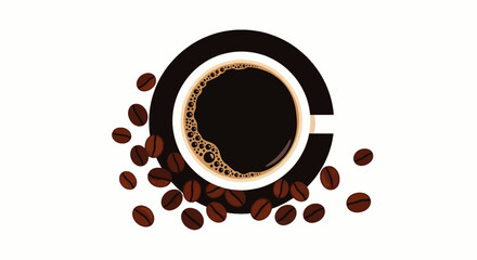 Obraz premium Top view of a cup of black coffee with beans on a C-shaped saucer, a vector graphic concept for a cafe menu or logo.