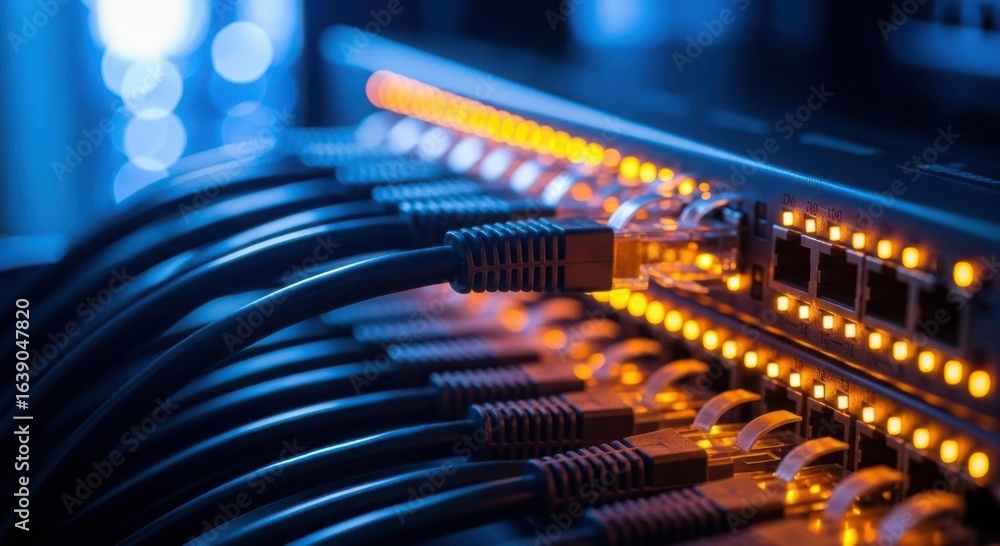 Poster close up of a network switch with many illuminated ports and connected ethernet cables creating a vi