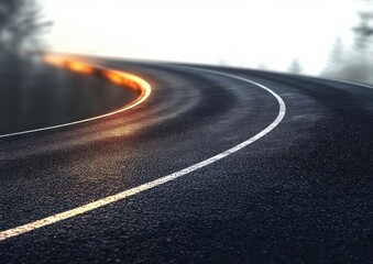 Curving asphalt road with white lane markings reflecting warm light on a foggy day with blurred trees in the background