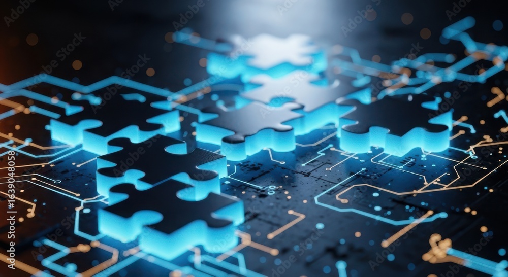 Poster interconnected glowing blue puzzle pieces assembled on a circuit board with digital lines and light 