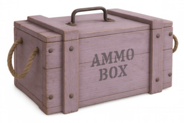 Pink ammunition container featuring metal and rope handles, rendered in 3d against transparent backdrop