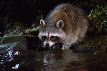 Fototapeta premium A Raccoons Culinary Cleansing Observing a Wildlife Masterclass in a Nighttime Stream
