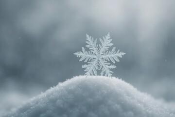 A solitary snowflake stands out against the serene backdrop of a winter wonderland, symbolizing the beauty and uniqueness of nature's smallest details