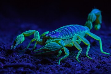 Fototapeta premium Intriguing Scorpion Under Blacklight A Closeup View of Fluorescence and Bioluminescence
