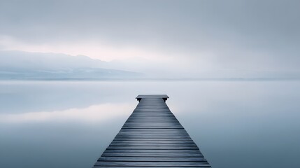 Obraz premium A peaceful wooden pier extends into the calm blue water under a summer sky