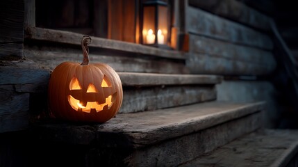 Obraz premium Spooky glowing jack-o'-lantern on old wooden steps creates a nostalgic Halloween atmosphere
