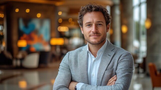 Confident man in a suit with arms crossed looking at the camera