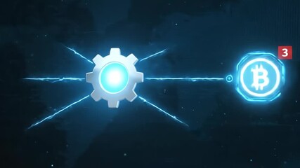 Blockchain technology network with a glowing gear processing data for a digital currency icon. Futuristic financial transaction and cryptocurrency concept. - Powered by Adobe