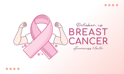 Breast cancer awareness logo or label design. A clenched fist symbol and a pink ribbon. October is Cancer Awareness Month