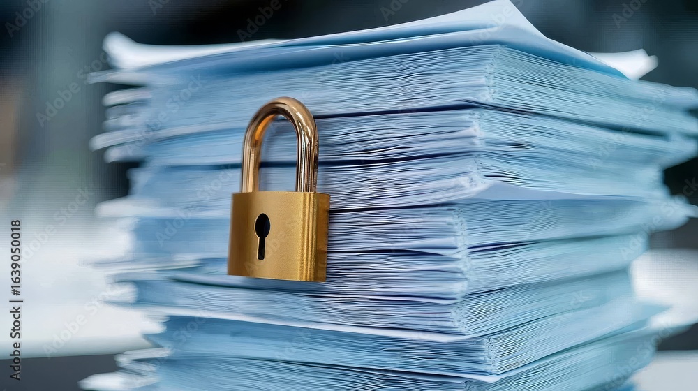 Poster securing sensitive documents with a golden padlock.