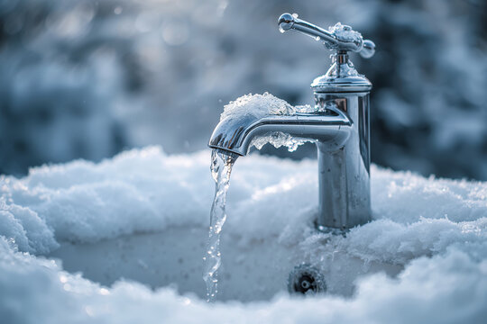 Frozen faucet with flowing water in snow winter