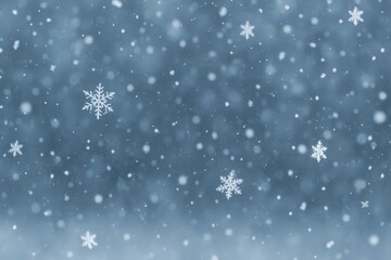 Fototapeta premium A gentle snowfall blankets a tranquil landscape, with delicate snowflakes scattered across a soft blue sky