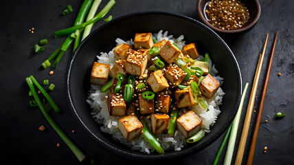 Overhead View of Tofu Stir Fry with Sesame Seeds and Spring Onions in Black Bowl