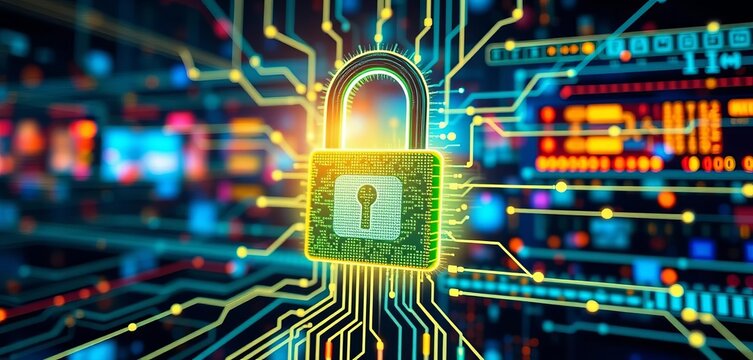 Cybersecurity digital padlock securing network data,  digital asset,  technology