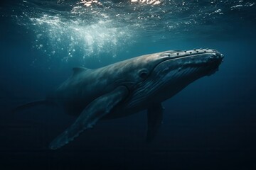 Fototapeta premium A lone humpback whale gracefully swims beneath the surface of the deep blue ocean, its sleek form illuminated by the sunlight filtering through the water's surface